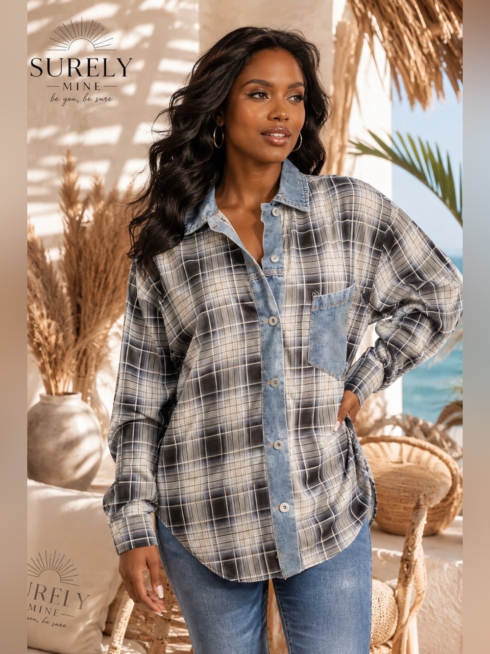 Blue Plaid Button-Front Blouse
